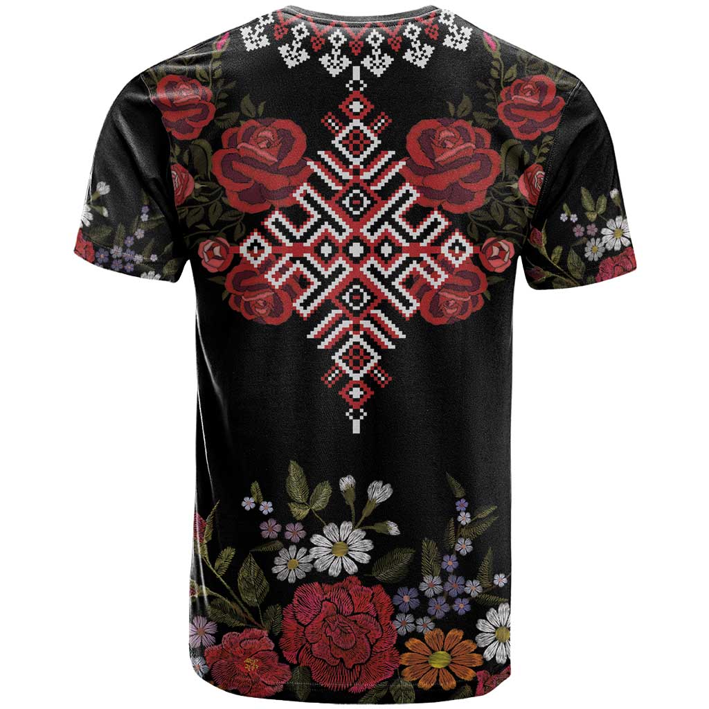 Czech Republic Traditional Costume T-Shirt Embroidery Floral Pattern With Red Rose Graphic Tee