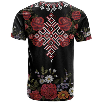 Czech Republic Traditional Costume T-Shirt Embroidery Floral Pattern With Red Rose Graphic Tee