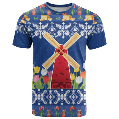Netherlands Christmas T-Shirt Windmills With Tulip Flowers Graphic Tee