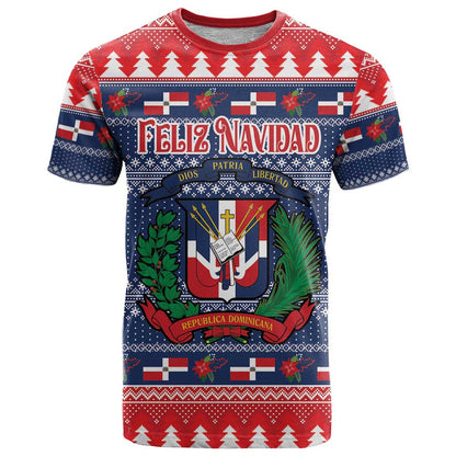 Personalized Dominican Republic Christmas T-Shirt Dominicana Coat Of Arms Christmas Pattern Graphic Tee