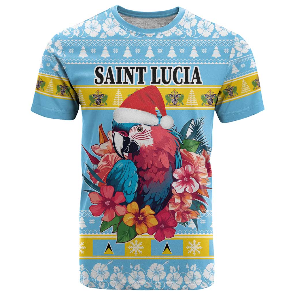 Saint Lucia Christmas T-Shirt Saint Lucian Parrot With Hibiscus Flowers Graphic Tee