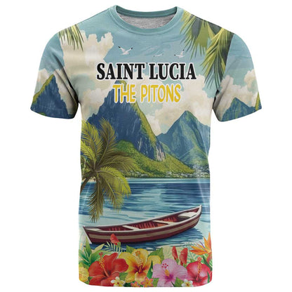 Pitons Saint Lucia T-Shirt Hibiscus Flowers Graphic Tee