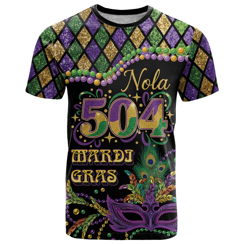 Mardi Gras 504 Nola New Orleans T-Shirt Mask Up Beads Out Graphic Tee