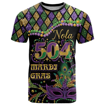 Mardi Gras 504 Nola New Orleans T-Shirt Mask Up Beads Out Graphic Tee