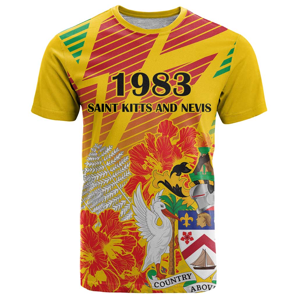 Personalized Saint Kitts and Nevis Poinciana Flowers T-Shirt With Coat Of Arms Graphic Tee