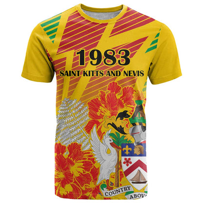 Personalized Saint Kitts and Nevis Poinciana Flowers T-Shirt With Coat Of Arms Graphic Tee