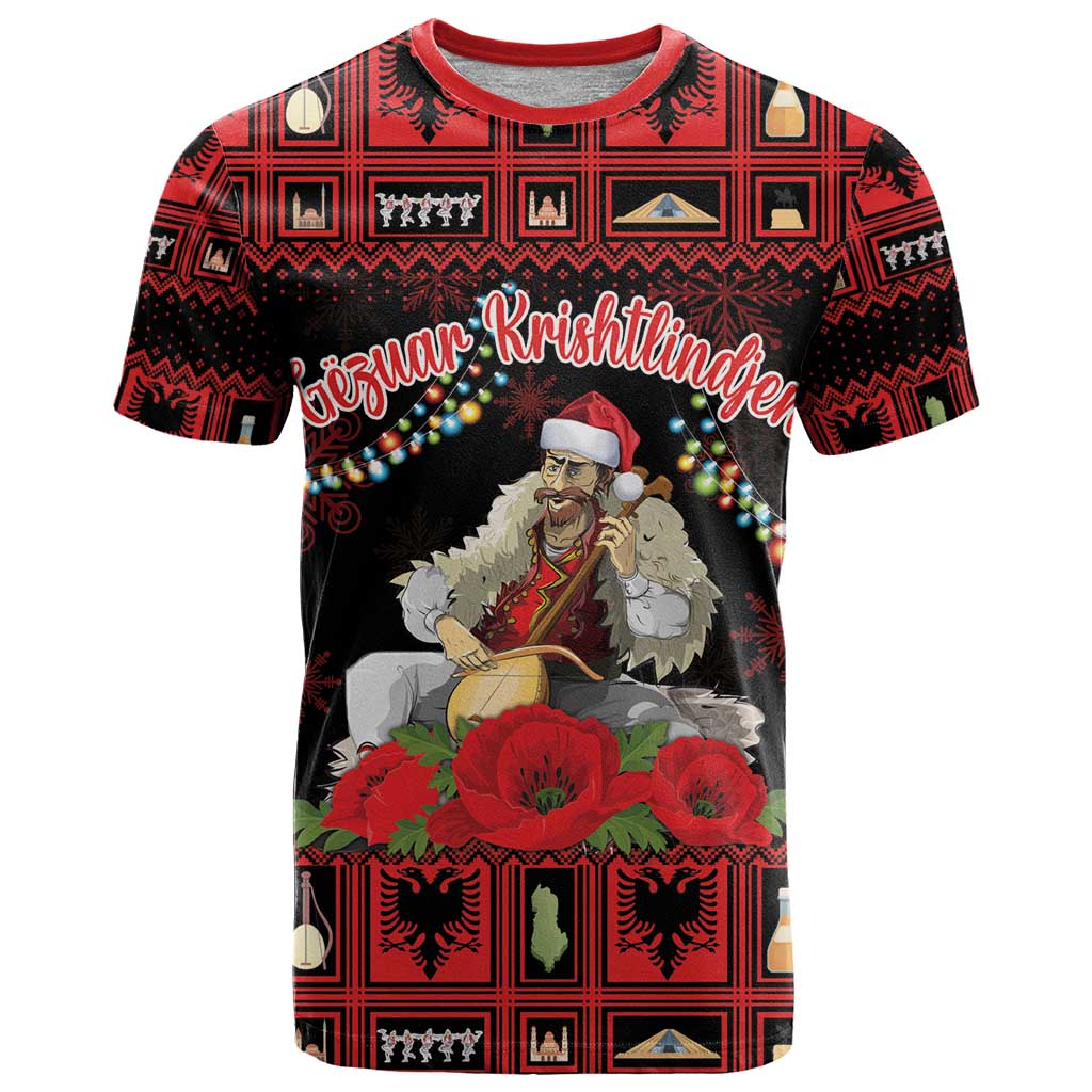 Personalized Albania Christmas T-Shirt Albanian Man Playing Lahuta With Red Poppy Graphic Tee