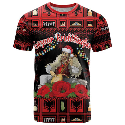 Personalized Albania Christmas T-Shirt Albanian Man Playing Lahuta With Red Poppy Graphic Tee