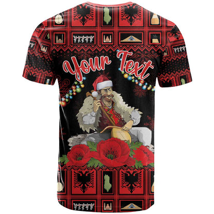 Personalized Albania Christmas T-Shirt Albanian Man Playing Lahuta With Red Poppy Graphic Tee