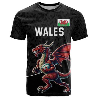 Custom Wales Rugby T-Shirt Welsh Dragon Mascot Black Version Graphic Tee