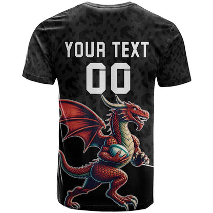 Custom Wales Rugby T-Shirt Welsh Dragon Mascot Black Version Graphic Tee