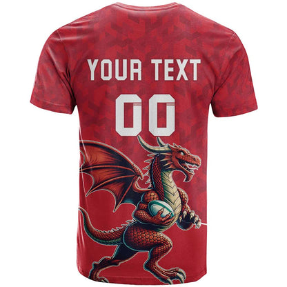 Custom Wales Rugby T-Shirt Welsh Dragon Mascot Red Version Graphic Tee