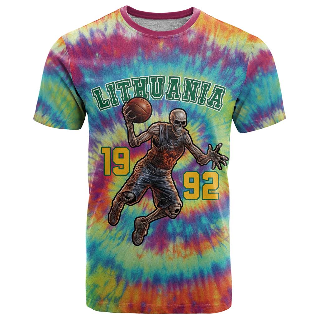 Custom Lithuania Basketball Skeleton 1992 T-Shirt Tie Dye Pattern Graphic Tee