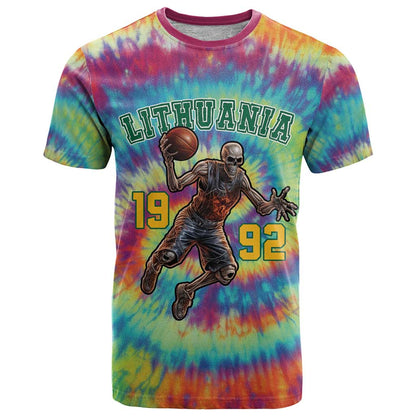 Custom Lithuania Basketball Skeleton 1992 T-Shirt Tie Dye Pattern Graphic Tee