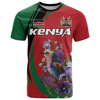 Personalized Kenya Lilac Breasted Roller T-Shirt With Violet Flowers Graphic Tee