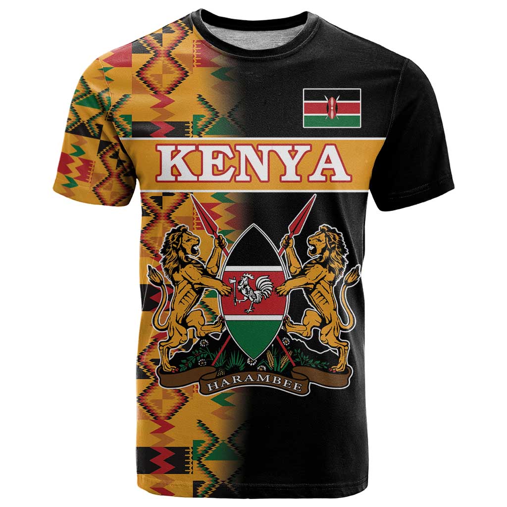 Custom Kenya Coat Of Arms T-Shirt With Kente Patterns Graphic Tee