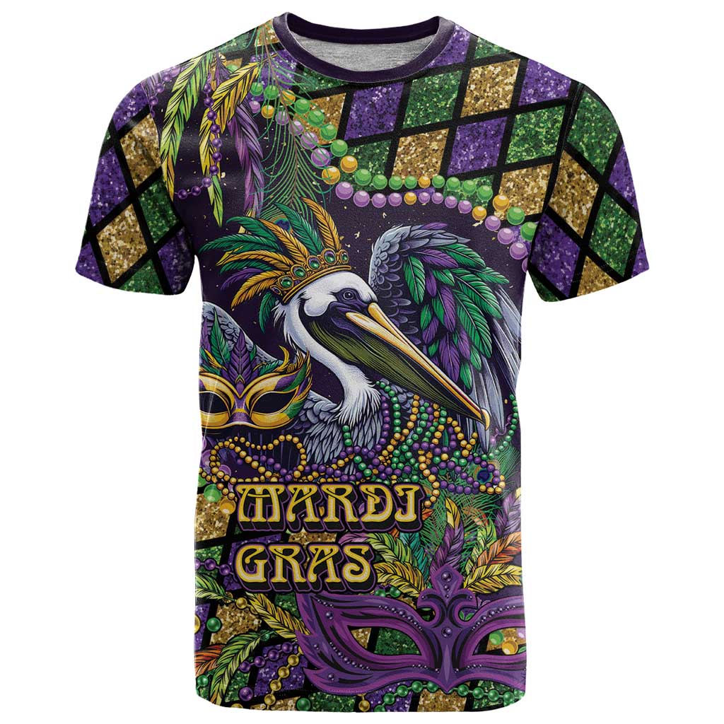 Mardi Gras Pelican T-Shirt Crowned Feathers Carnival Reign Graphic Tee