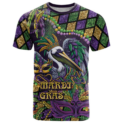 Mardi Gras Pelican T-Shirt Crowned Feathers Carnival Reign Graphic Tee