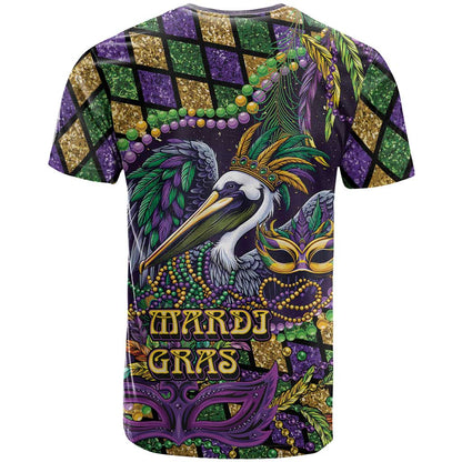 Mardi Gras Pelican T-Shirt Crowned Feathers Carnival Reign Graphic Tee