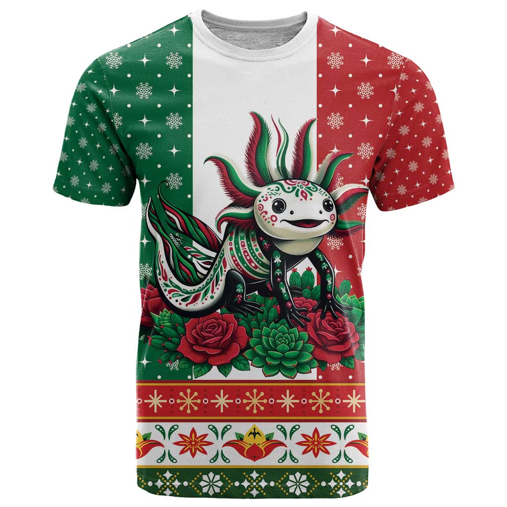Mexico Christmas T-Shirt Cute Axolotl with Flag Style Graphic Tee