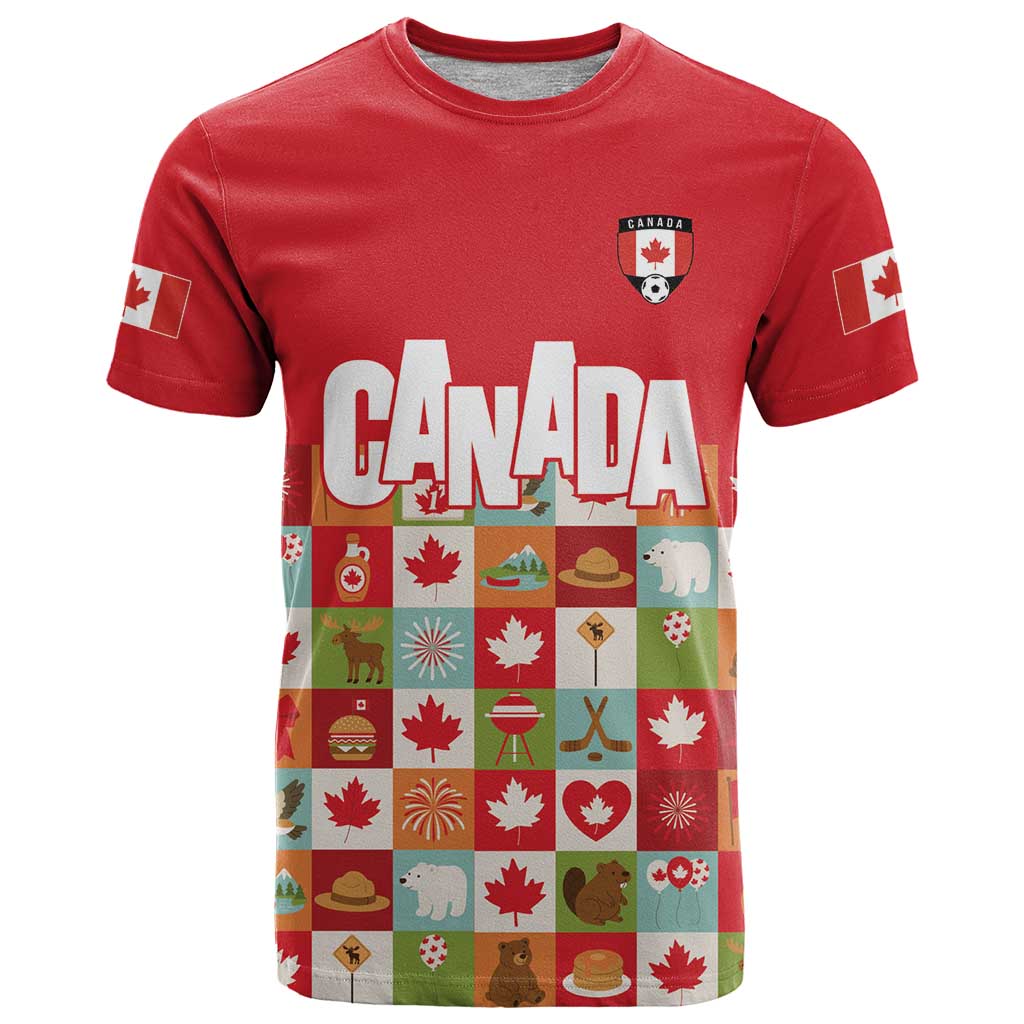 Canada Football T-Shirt Patchwork Icons and Maple Leaf Pattern Graphic Tee