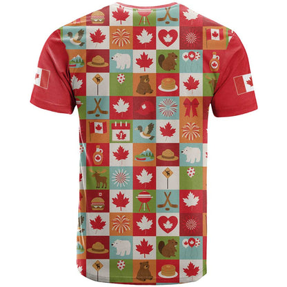 Canada Football T-Shirt Patchwork Icons and Maple Leaf Pattern Graphic Tee