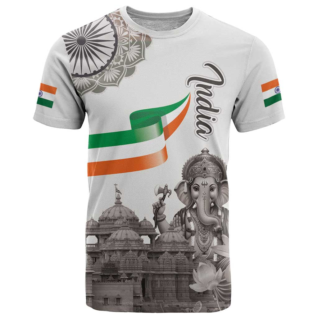 India Ganesha and Akshardham T-Shirt Lord Ganpati Lotus Flag Style Graphic Tee