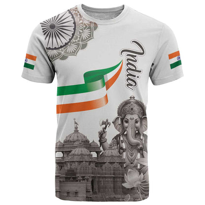 India Ganesha and Akshardham T-Shirt Lord Ganpati Lotus Flag Style Graphic Tee