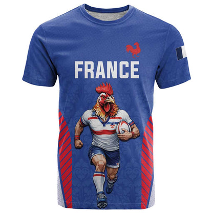 Custom France Rugby Tee with XV de France Gallic Rooster Mascot Graphic