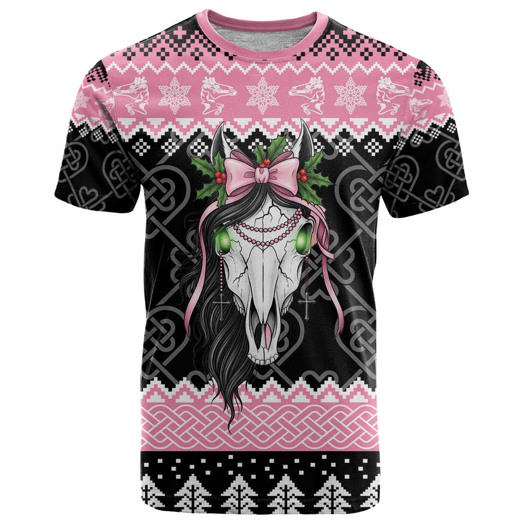 Anglesey Wales Christmas T-Shirt Pink Mari Lwyd Welsh Celtic Knot Graphic Tee