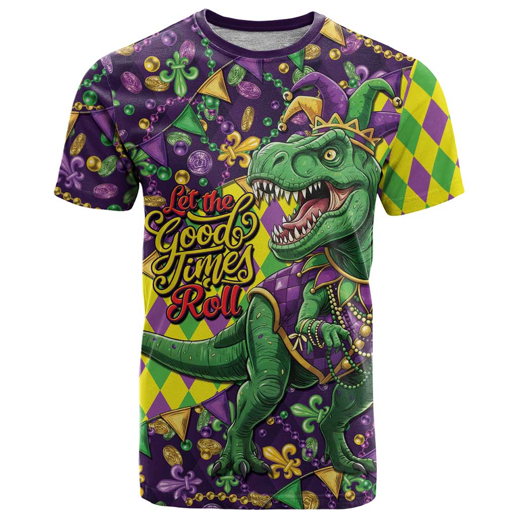Funny Mardi Gras T-Rex Dinosaur T-Shirt Let The Good Times Roll Graphic Tee