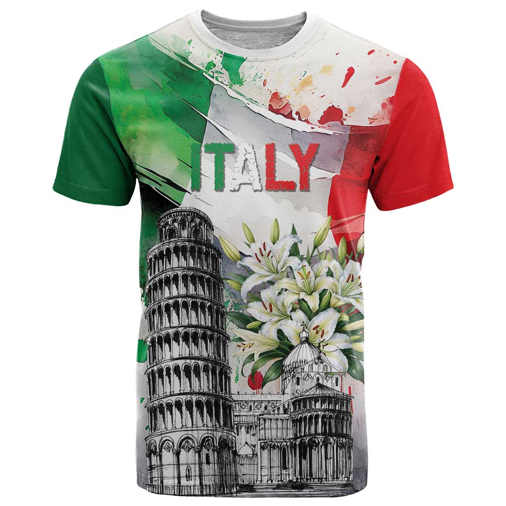 Italy Pisa Tower T-Shirt White Lily With Flag Style Graphic Tee