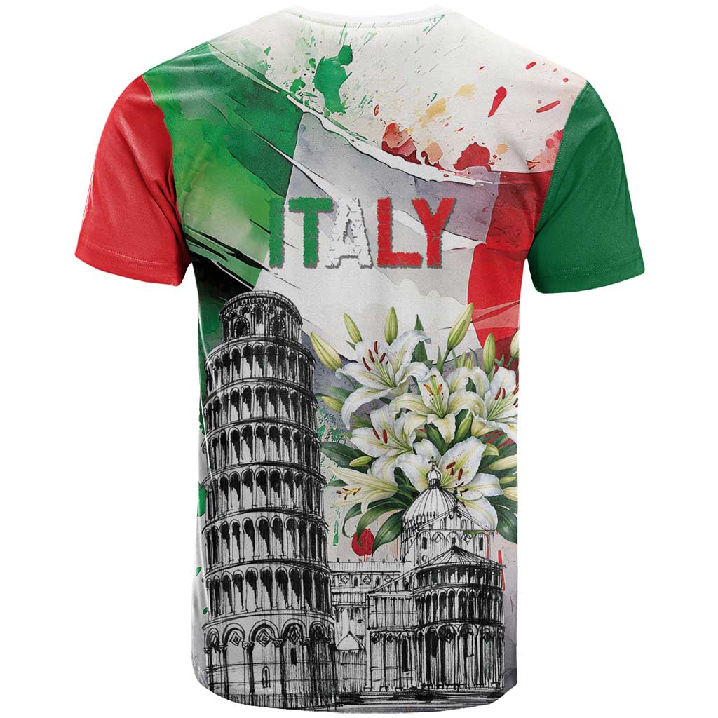 Italy Pisa Tower T-Shirt White Lily With Flag Style Graphic Tee