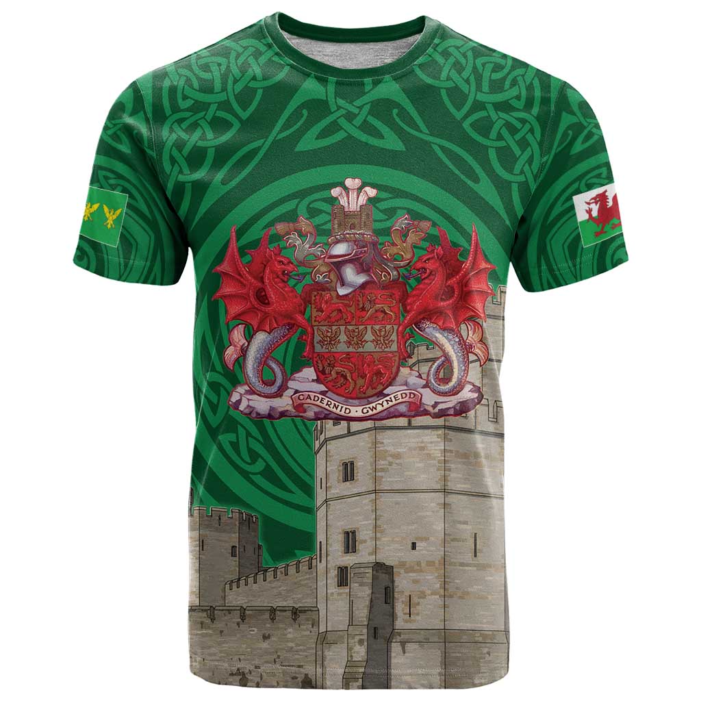 Personalized Caernarfonshire Wales T-Shirt Caernarfon Castle and Emblem Celtic Style Graphic Tee
