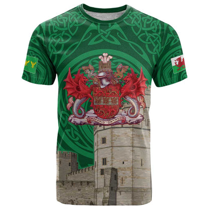 Personalized Caernarfonshire Wales T-Shirt Caernarfon Castle and Emblem Celtic Style Graphic Tee