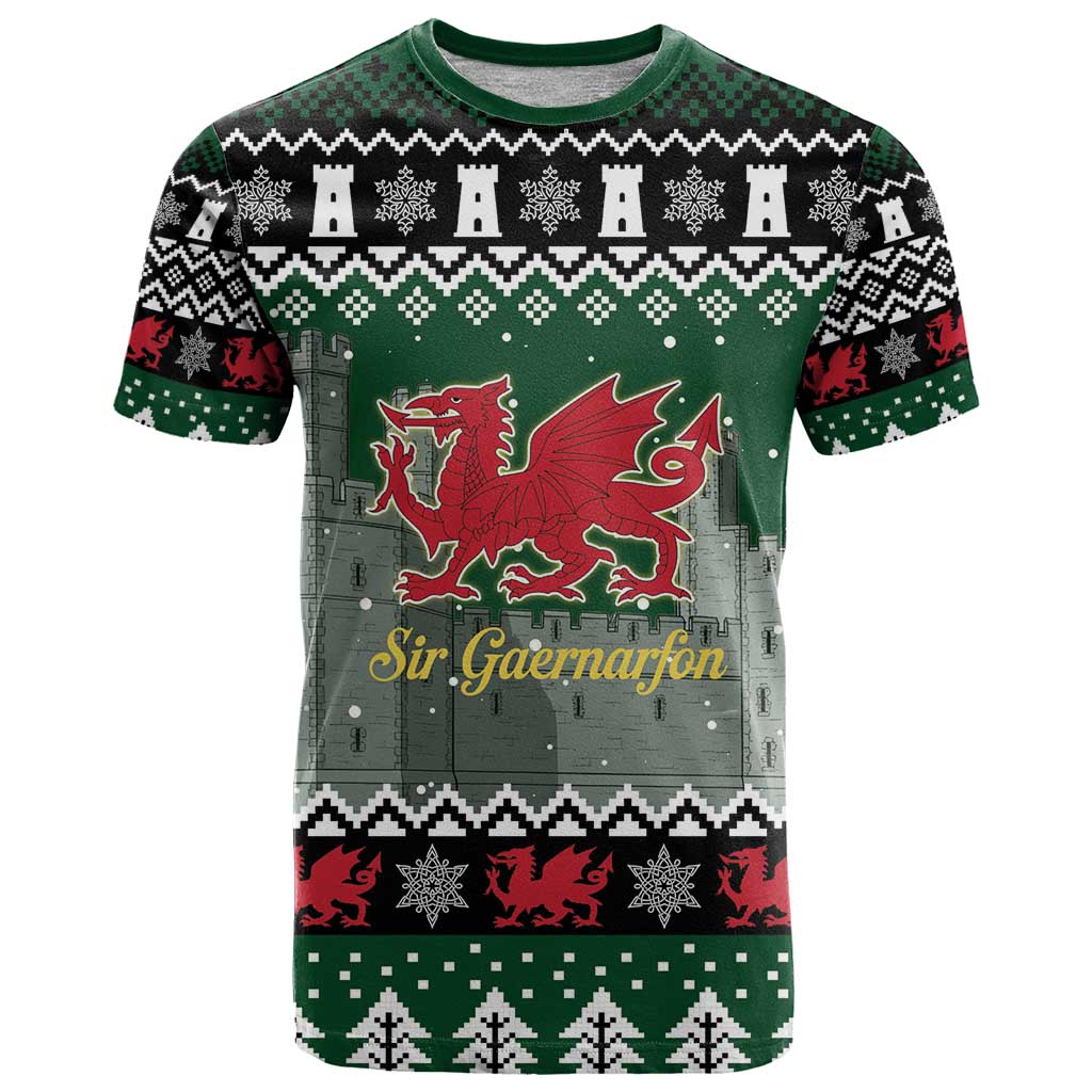 Caernarfonshire Wales Christmas T-Shirt Caernarfon Castle Red Dragon Graphic Tee