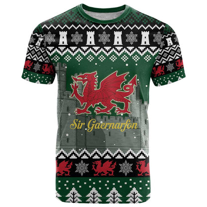 Caernarfonshire Wales Christmas T-Shirt Caernarfon Castle Red Dragon Graphic Tee