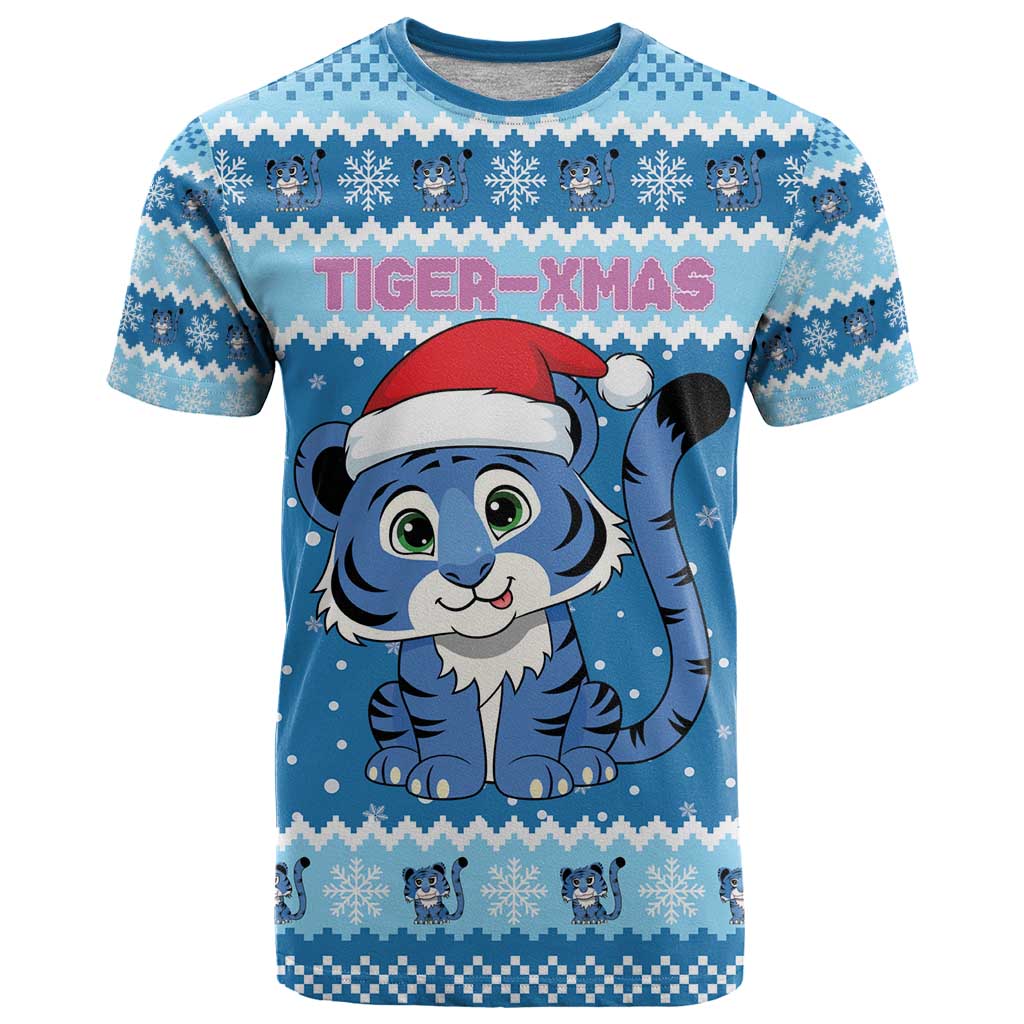 Personalized Blue Tiger Christmas T-Shirt Kawaii Derpy Tiger Santa Mode Graphic Tee