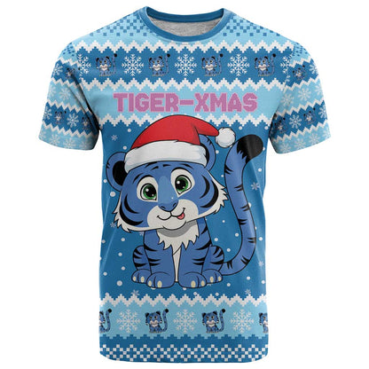 Personalized Blue Tiger Christmas T-Shirt Kawaii Derpy Tiger Santa Mode Graphic Tee