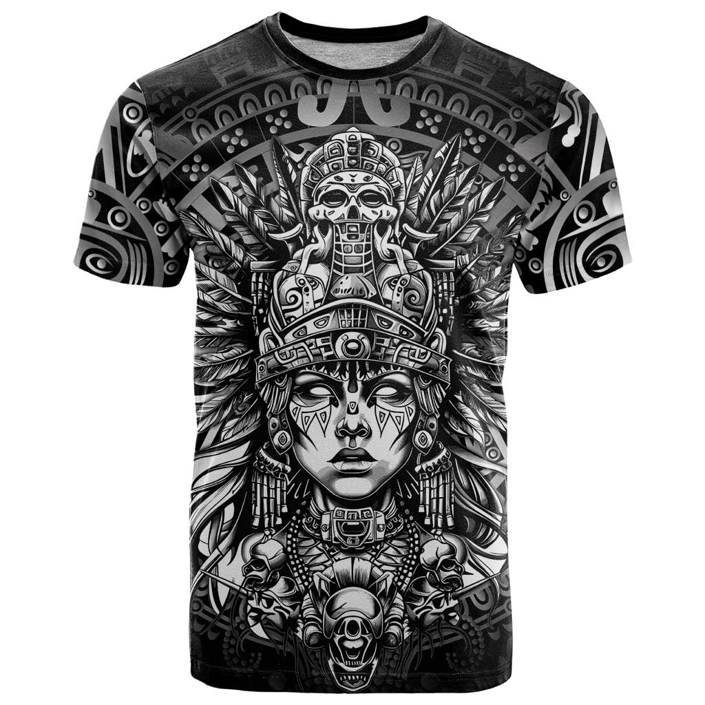 Mexico Aztec Warrior Goddess T-Shirt Aztec Skull Tribal Calender Silver Spirit Graphic Tee