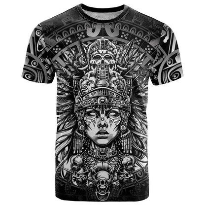 Mexico Aztec Warrior Goddess T-Shirt Aztec Skull Tribal Calender Silver Spirit Graphic Tee