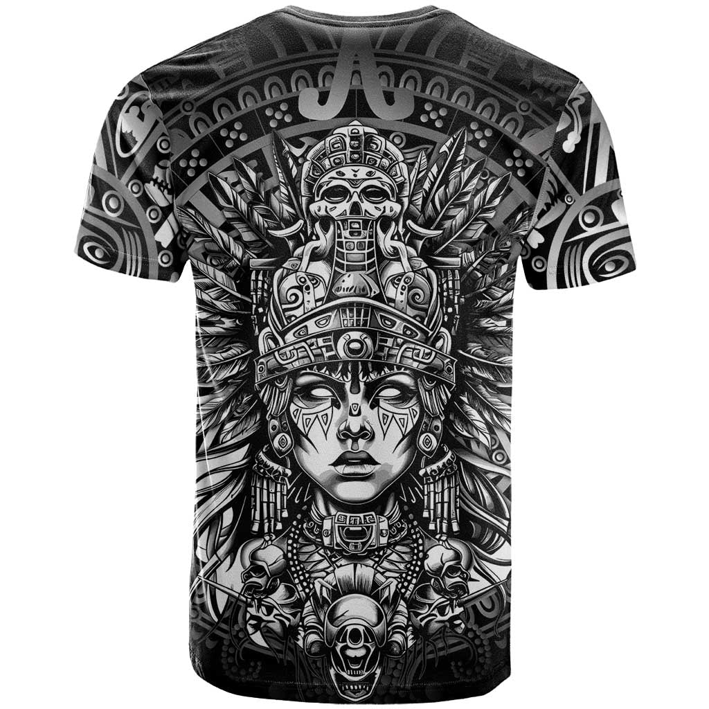 Mexico Aztec Warrior Goddess T-Shirt Aztec Skull Tribal Calender Silver Spirit Graphic Tee