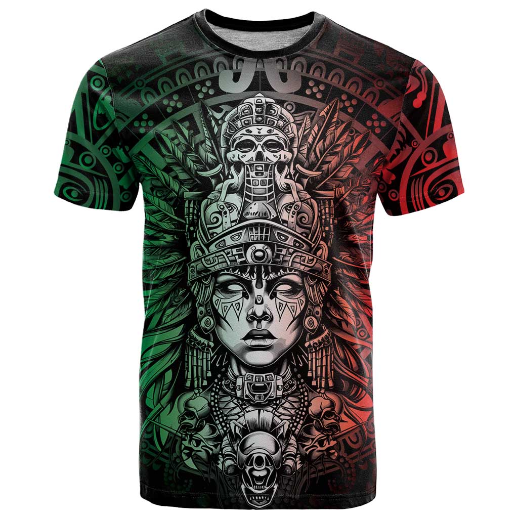 Mexico Aztec Warrior Goddess T-Shirt Aztec Skull Tribal Calender Tricolor Spirit Graphic Tee