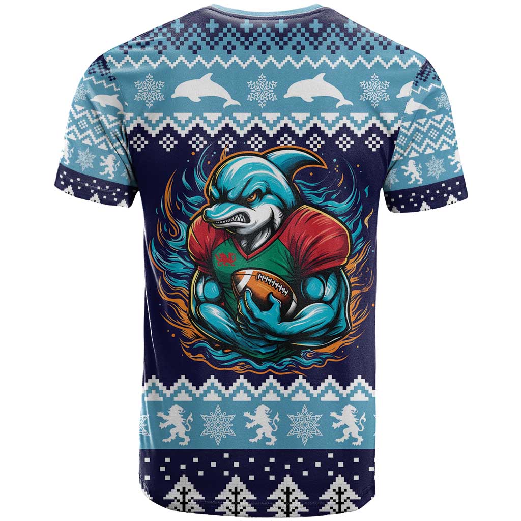 Cardiganshire Wales Christmas T-Shirt Cardigan Bay Dolphin Rugby Design Graphic Tee