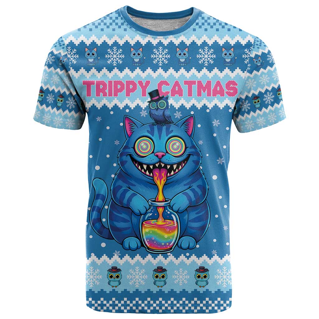 Personalized Trippy Catmas T-Shirt Cute Blue Derpy Cat and Owl Companion Graphic Tee
