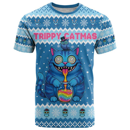 Personalized Trippy Catmas T-Shirt Cute Blue Derpy Cat and Owl Companion Graphic Tee
