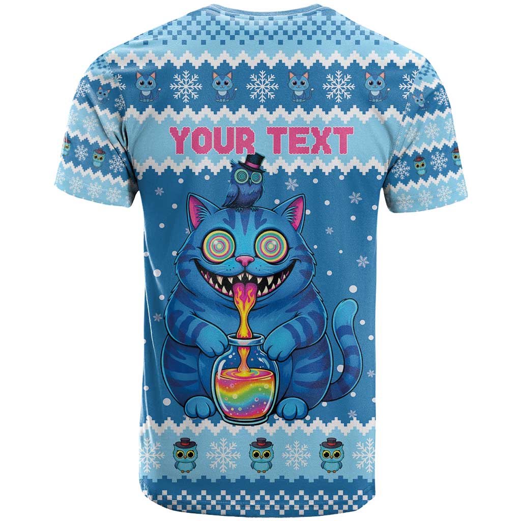 Personalized Trippy Catmas T-Shirt Cute Blue Derpy Cat and Owl Companion Graphic Tee