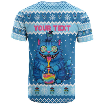 Personalized Trippy Catmas T-Shirt Cute Blue Derpy Cat and Owl Companion Graphic Tee