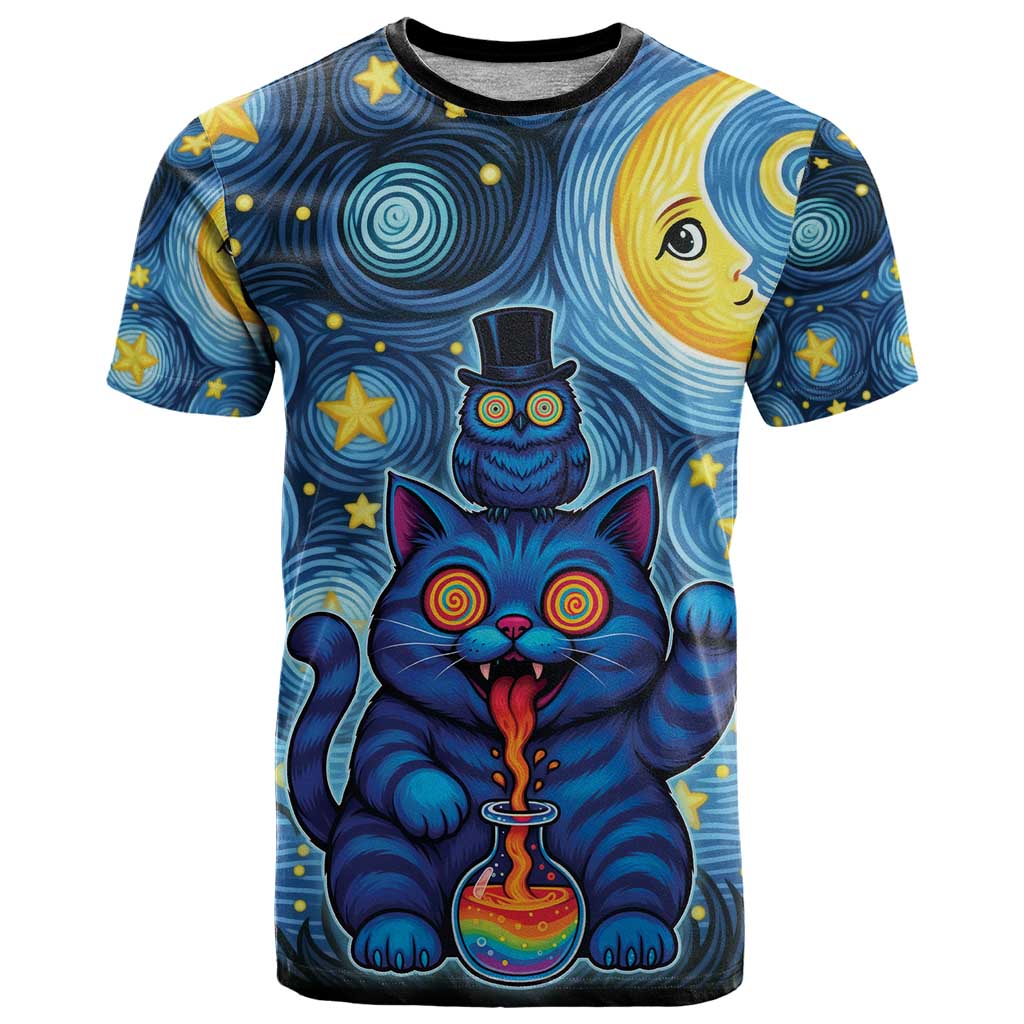 Trippy Cat and Owl T-Shirt Starry Psychedelic Vibes Graphic Tee