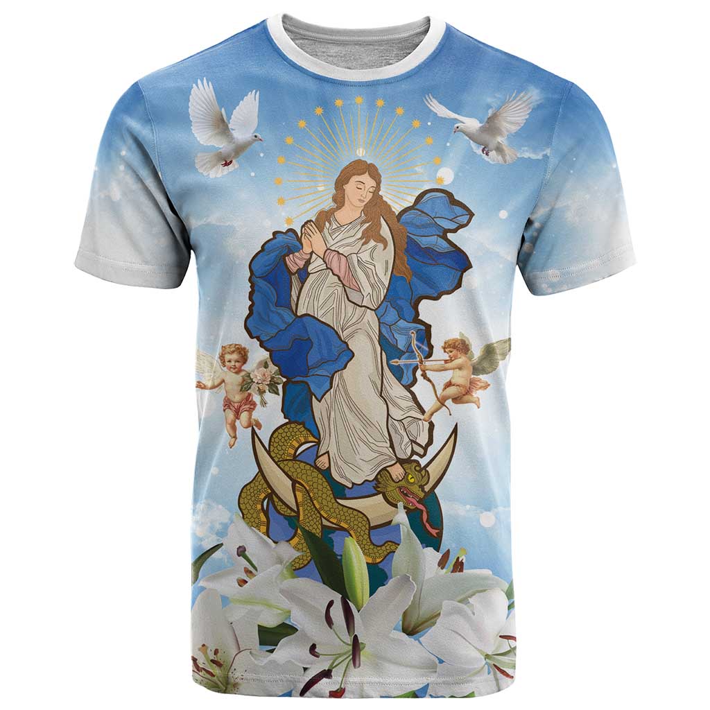 Italy Immaculate Conception Feast Day T-Shirt Virgin Mary with Cross And Lily Flower Graphic Tee